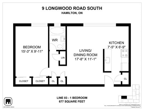Floor plan for 1 bed, 1 bath, 690 sqft